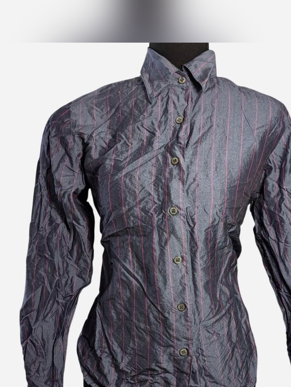 Vintage 80s Tracy M. Silk Blue W/ Pink Vertical Stripes Button Up Collared Shirt